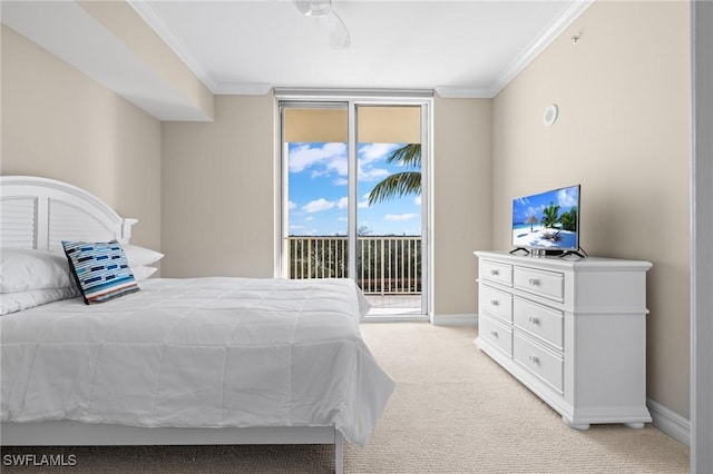 bedroom with crown molding, a wall of windows, access to exterior, and light carpet