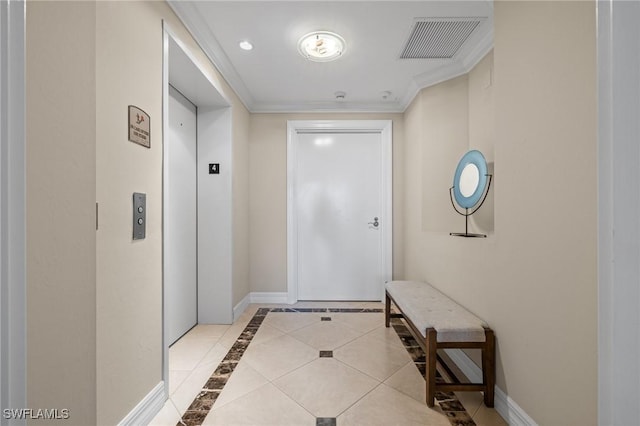 doorway to outside featuring ornamental molding, elevator, and light tile patterned floors