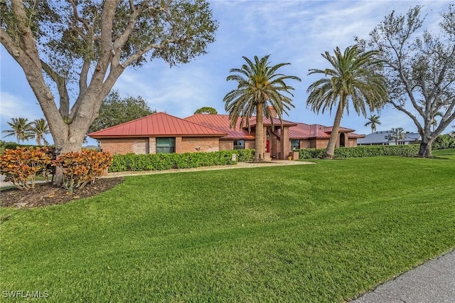 single story home featuring a front lawn