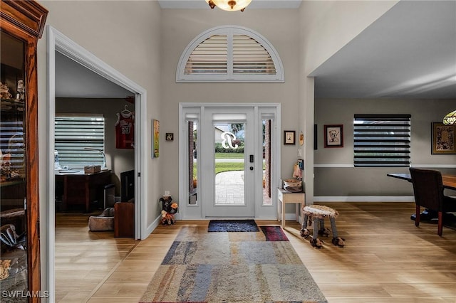 entryway with a high ceiling and light hardwood / wood-style flooring