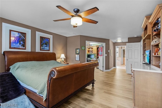 bedroom featuring ceiling fan and light hardwood / wood-style flooring