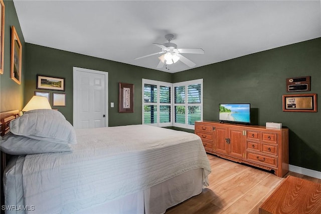 bedroom with ceiling fan and light wood-type flooring