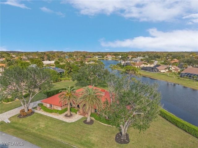 drone / aerial view with a water view