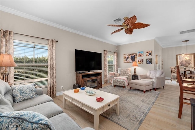 living room with ceiling fan, crown molding, and light wood-type flooring