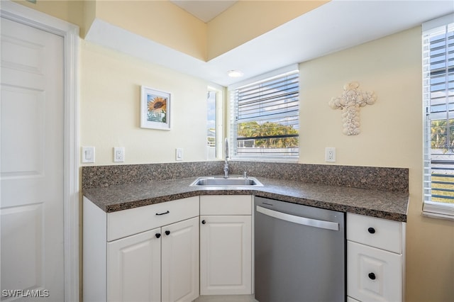 kitchen with white cabinetry, dishwasher, and sink