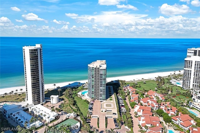 bird's eye view with a water view and a view of the beach