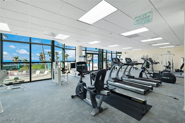 exercise room with a wall of windows and a drop ceiling