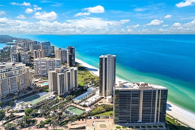 bird's eye view with a water view and a beach view