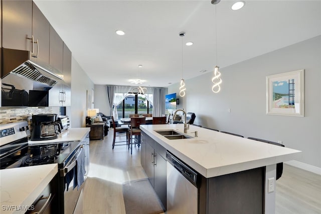 kitchen with tasteful backsplash, a sink, open floor plan, light wood-type flooring, and stainless steel appliances