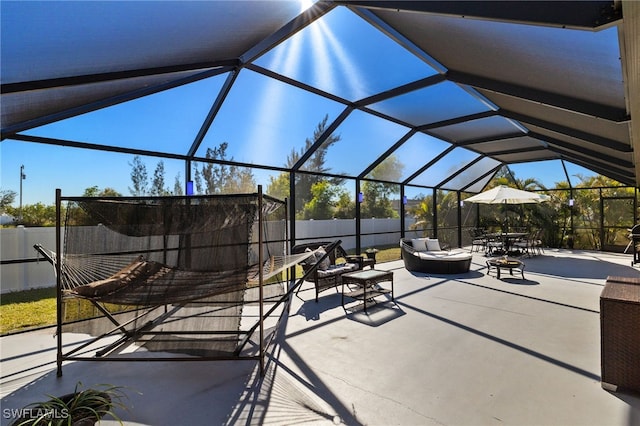 view of patio / terrace with a lanai and outdoor lounge area