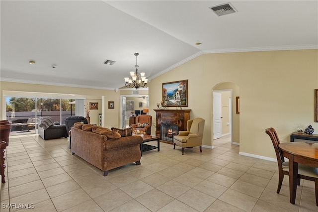 tiled living room with crown molding, lofted ceiling, and a notable chandelier