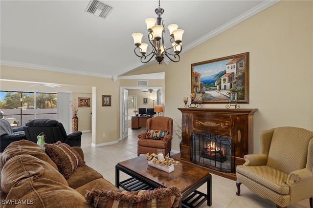 tiled living room featuring crown molding, vaulted ceiling, and ceiling fan with notable chandelier