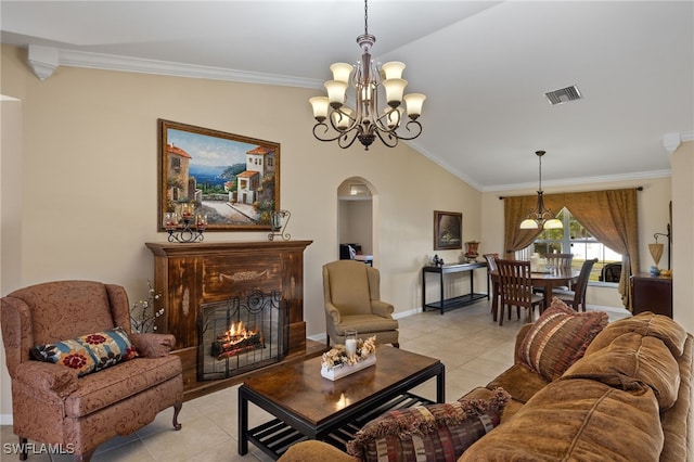 tiled living room with crown molding, a chandelier, and vaulted ceiling