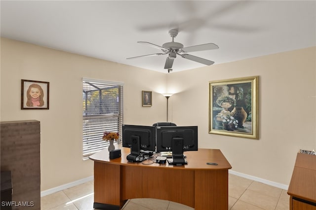 tiled office with ceiling fan