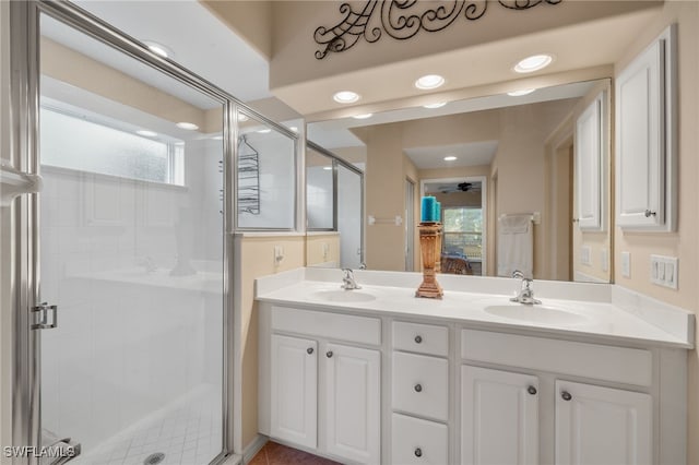 bathroom with vanity, a wealth of natural light, and a shower with shower door