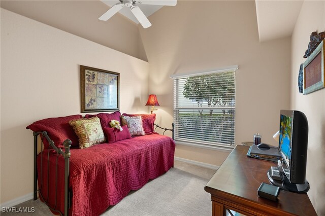 bedroom featuring carpet floors, ceiling fan, and vaulted ceiling