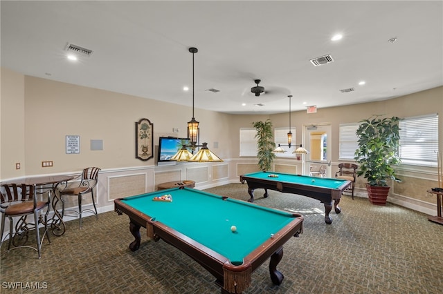 rec room with billiards and carpet