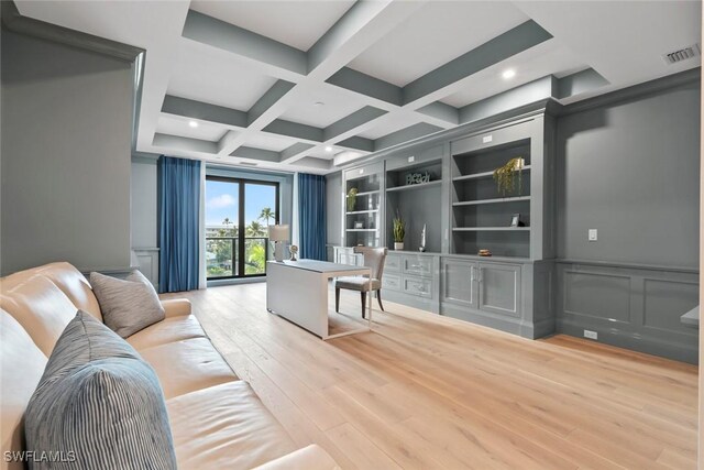 living area featuring coffered ceiling, beam ceiling, built in shelves, wood finished floors, and visible vents