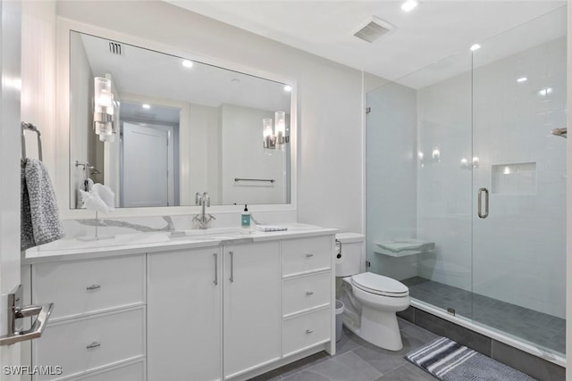 bathroom with visible vents, toilet, a stall shower, and vanity