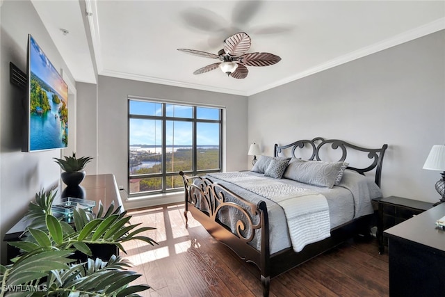 bedroom featuring crown molding, dark wood-type flooring, and ceiling fan