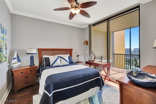 bedroom with access to outside, ornamental molding, expansive windows, and wood-type flooring