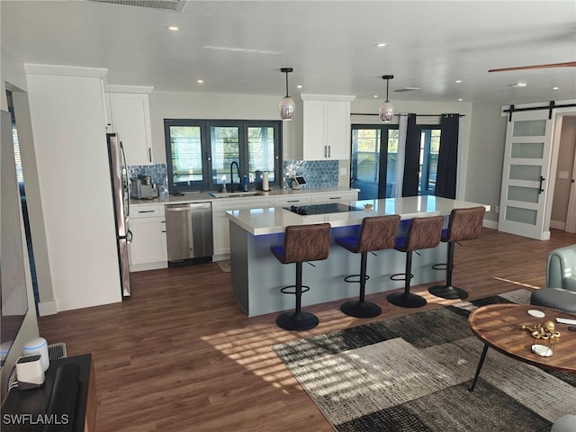 kitchen with stainless steel appliances, light countertops, a barn door, a kitchen island, and a sink