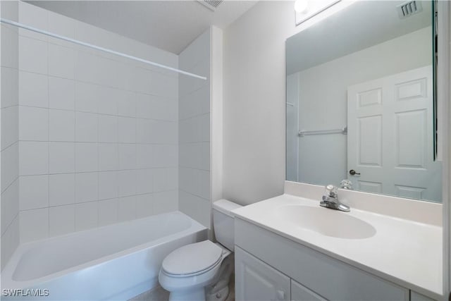 full bath featuring toilet, vanity, visible vents, and tub / shower combination