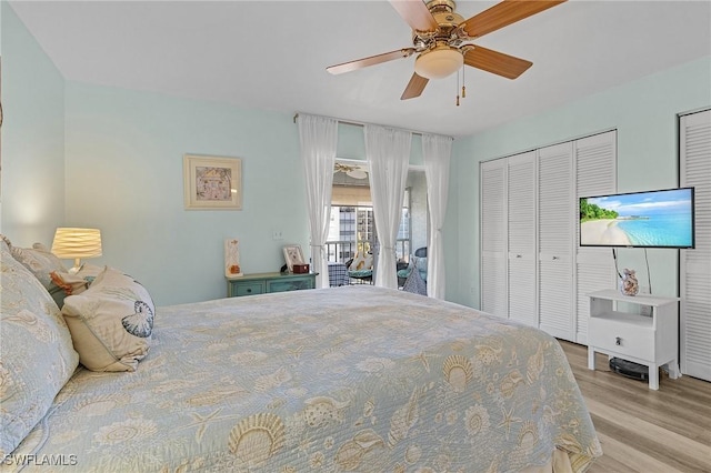 bedroom with ceiling fan and light wood-type flooring