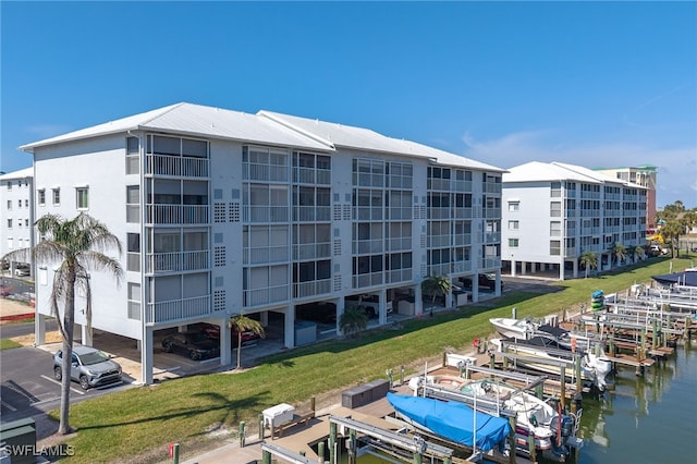 view of building exterior featuring a water view