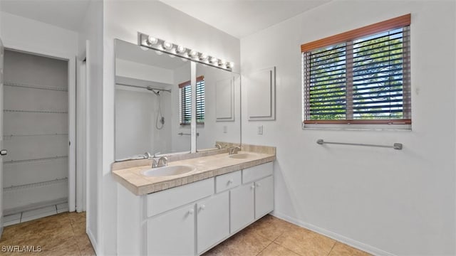 full bathroom featuring a walk in closet, walk in shower, and a sink