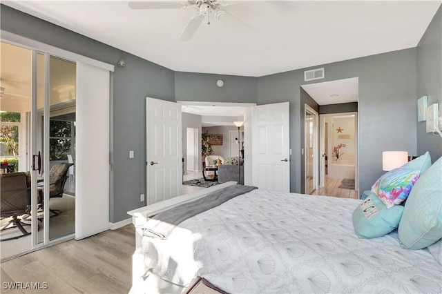 bedroom with ceiling fan, access to outside, light wood-type flooring, and ensuite bath