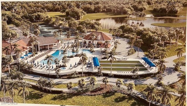 birds eye view of property featuring a water view