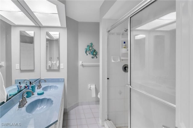 bathroom featuring tile patterned flooring, vanity, toilet, and walk in shower