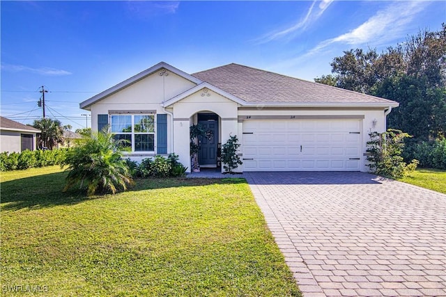 ranch-style home with a garage and a front yard