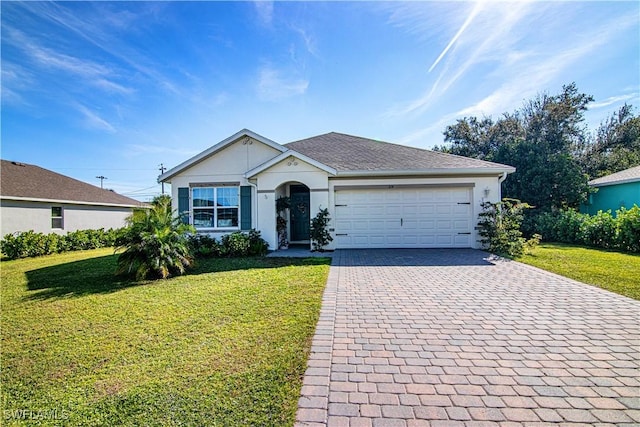 ranch-style home with a garage and a front lawn