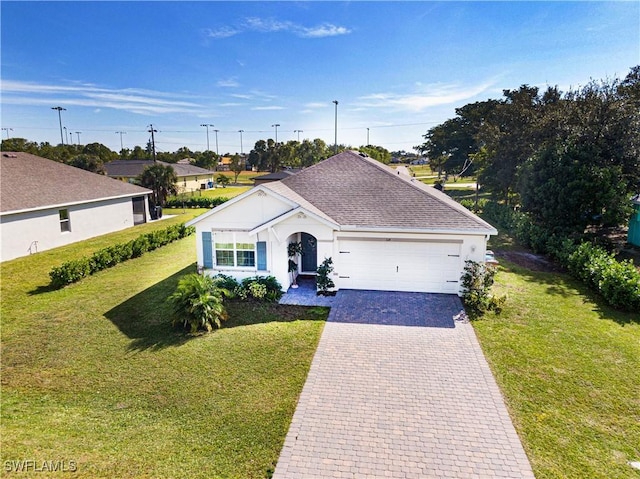 ranch-style house with a garage and a front lawn