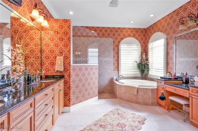 bathroom featuring ornamental molding, tile patterned floors, plenty of natural light, and tiled tub