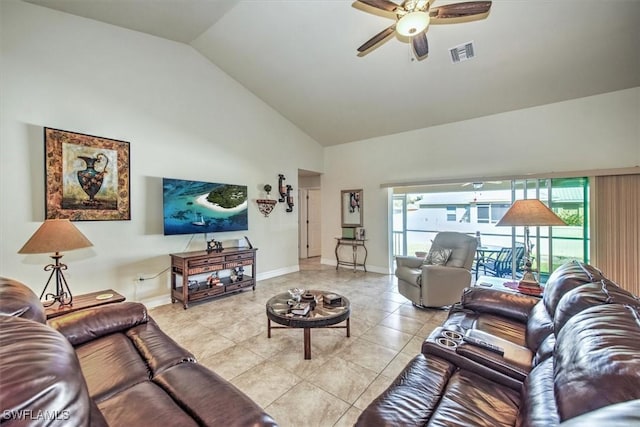 living room featuring ceiling fan, high vaulted ceiling, and light tile patterned floors