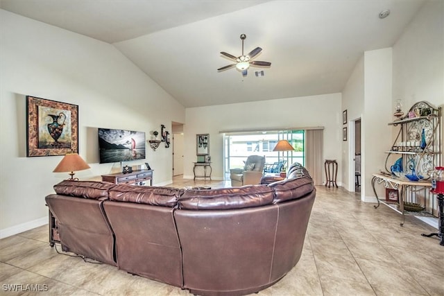 tiled living room featuring high vaulted ceiling and ceiling fan