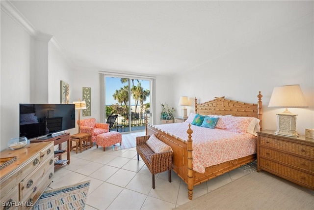 bedroom with access to exterior, light tile patterned floors, and crown molding