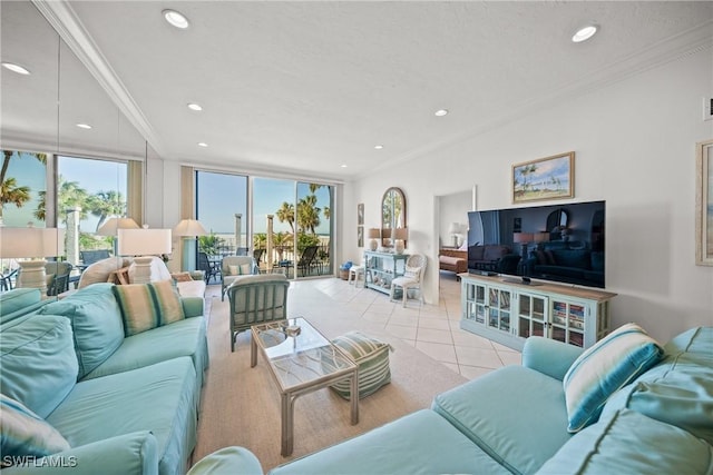 tiled living room featuring crown molding and floor to ceiling windows