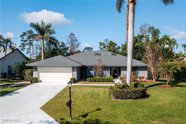 single story home with a garage and a front yard