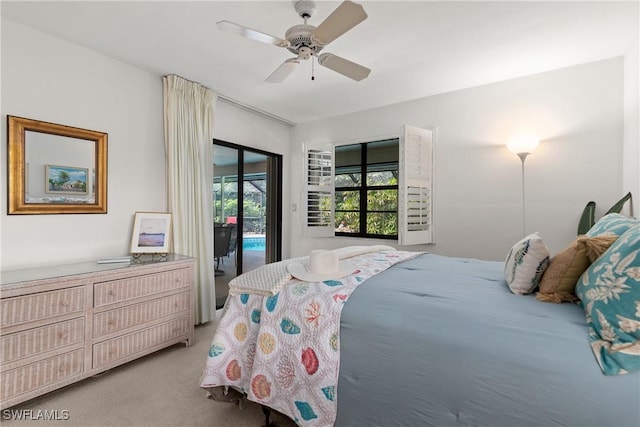 bedroom featuring light carpet, access to outside, and ceiling fan