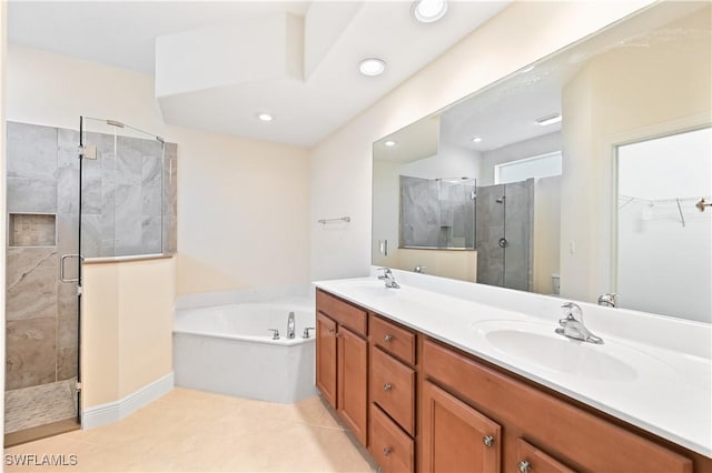 full bathroom featuring vanity, tile patterned flooring, toilet, and separate shower and tub