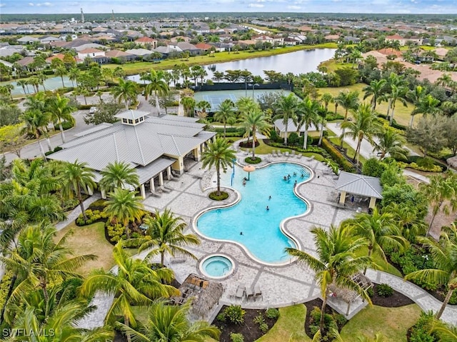 aerial view featuring a water view