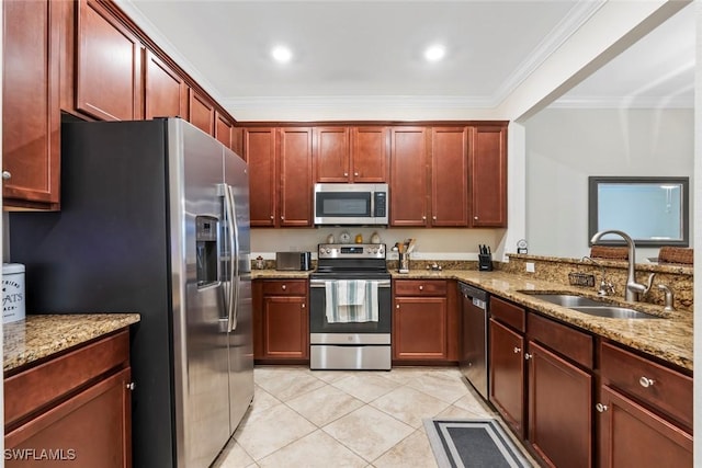 kitchen featuring light tile patterned flooring, sink, ornamental molding, stainless steel appliances, and light stone countertops