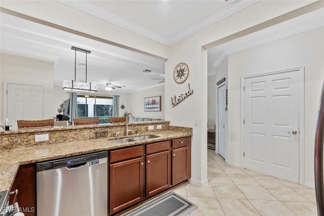 kitchen featuring light tile patterned flooring, decorative light fixtures, sink, stainless steel dishwasher, and light stone counters