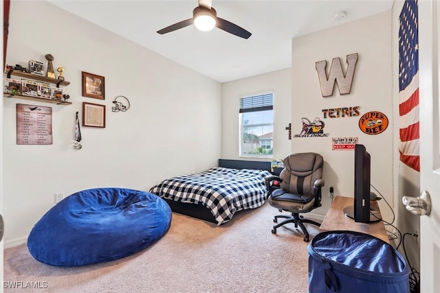 bedroom featuring ceiling fan and carpet flooring