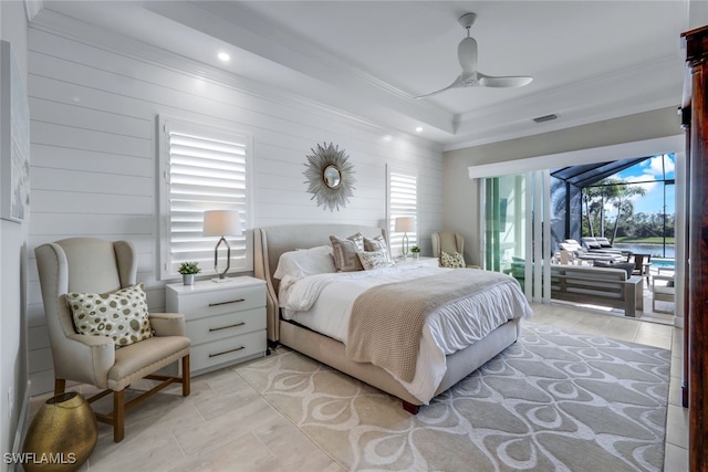 bedroom featuring a raised ceiling, crown molding, access to outside, and ceiling fan