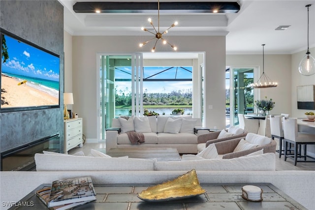 living room featuring an inviting chandelier, crown molding, and beamed ceiling